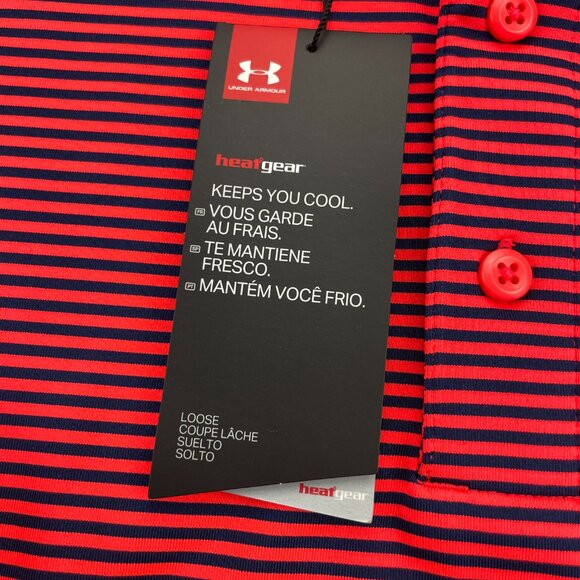 New Under ARMOUR Golf Shirt Men 2XL Neon Orange Navy Blue Stripes Heat Gear NWT - Picture 5 of 15
